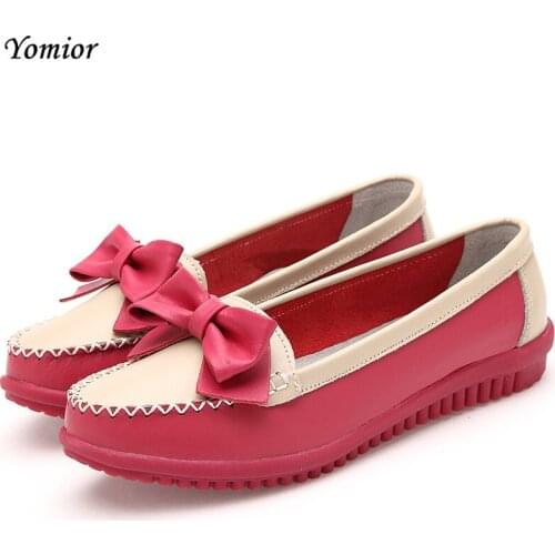 Yomior New Fashion Casual Women Shoes Genuine Leather Flat Shoes Bowknot Ladies Loafers Zapatos Mujer Mother Driving Shoes