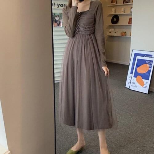 2021 Spring And Autumn New Large Size French Fairy Mesh Stitching Long Dress Womens Casual Is Thin Elegant Retro Dress