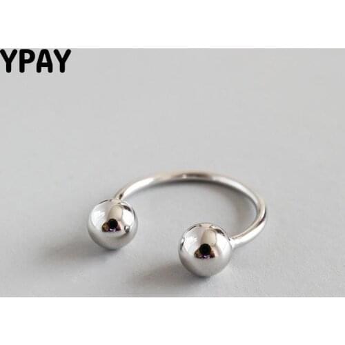 YPAY Genuine 925 Sterling Silver Opening Adjustable Rings for Women Korean Style Double Ball Beads Finger Ring Jewelry YMR586