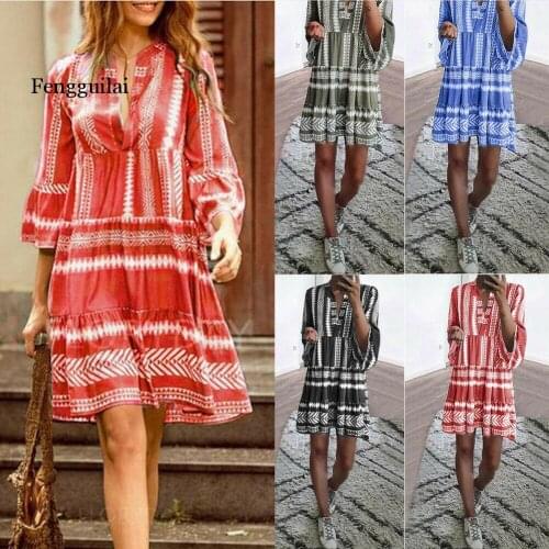 Women Summer Boho Beach Three Quarter Sleeve V-Neck Short Mini Dresses Ladies Evening Party Casual Loose Dress Sundress