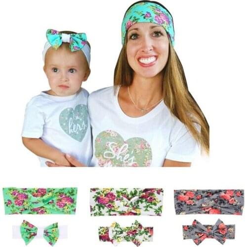 2PCS/SET Mom and Me Headband Flora Printing Mother and Daugther Matching Bow Knot Cotton Headband Photo Props Birthday Gift