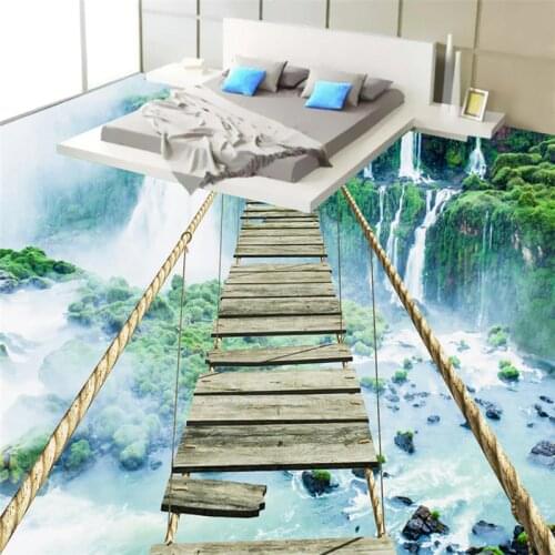 3d flooring wallpaper Mountain waterfall thrilling rope wooden bridge Bathroom non-slip waterproof self-adhesive floor Beibehang