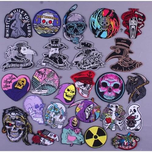 Pulaqi Punk Biker Patches For Clothing Plague Doctor Iron On Patches Hippie Skull Style Embroidered Patches For Jackets Decor