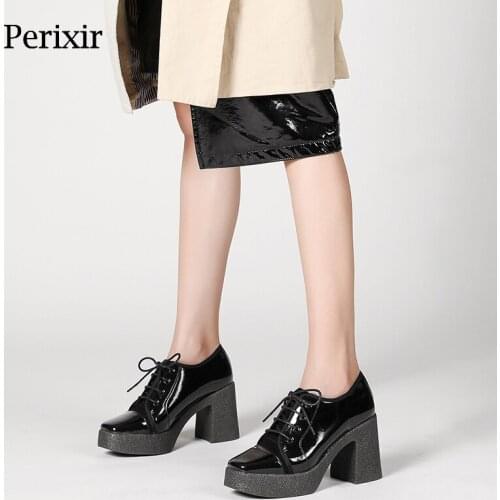 Perixir Low Ankle Boots Cow Patent Leather Kid Suede 2020 New Ankle Boots Square Toe Lace-Up Black Cool Girl Women Shoes CW036