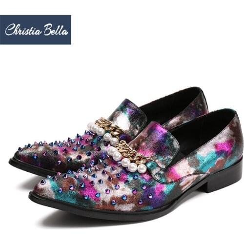 Christia Bella Rivets Pearl Wedding Party Men Dress Shoes Print Genuine Leather Pointed Toe Men Shoes Business Formal Shoes