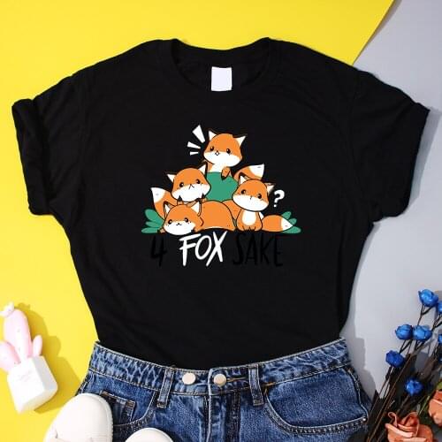 Harajuku Kawaii 4 Fox Sake Women T-Shirt 2021 Summer New Cartoon Animal Female T Shirts Hip Hop Cotton Short Sleeve Lady T Shirt
