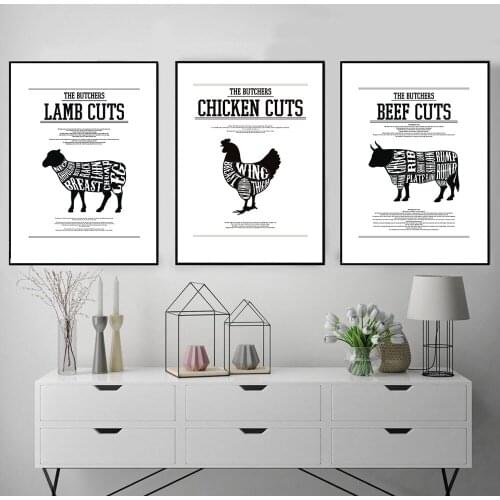Kitchen Chart Poster Butcher Diagram Canvas Painting Wall Art Picture Beef Lamb Chicken Wall Decor Cuts Print Modern Restaurant
