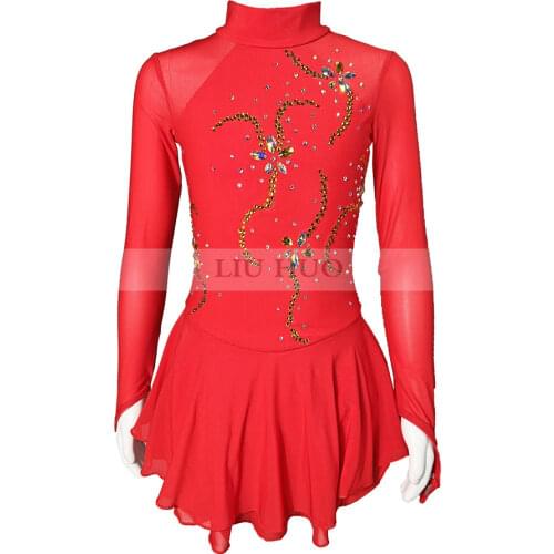 Figure Skating Dress Womens Girls' Ice skatingDress Red collar long sleeveHandmade rhinestones Competition performance clothing