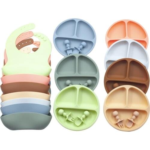 Baby Silicone Plate Set Self-Feeding Childrens Tableware Silicone Dish fork and spoon with Baby Bib