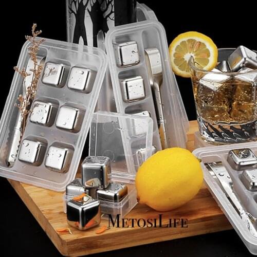 MetosiLife Stainless Steel Ice Cubes Set With Tong Reusable Whiskey Chilling Stone Gift Set For Men Food Safe