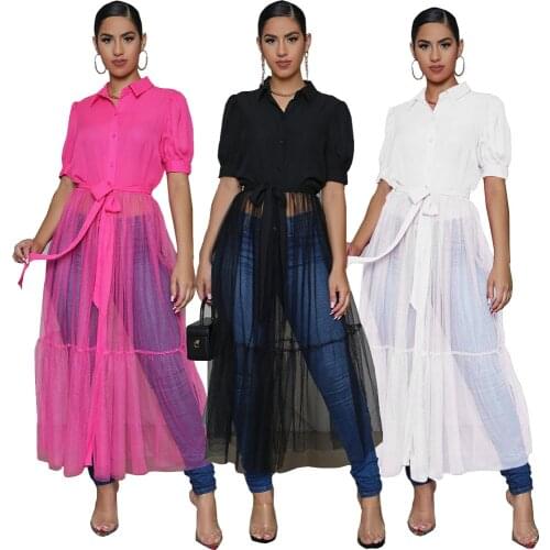 Chiclover Summer Woman Dress Patchwork Organza Short Sleeve Casual Belt Dresses Vintage Streetwear Dress Wholesale Dropshipping