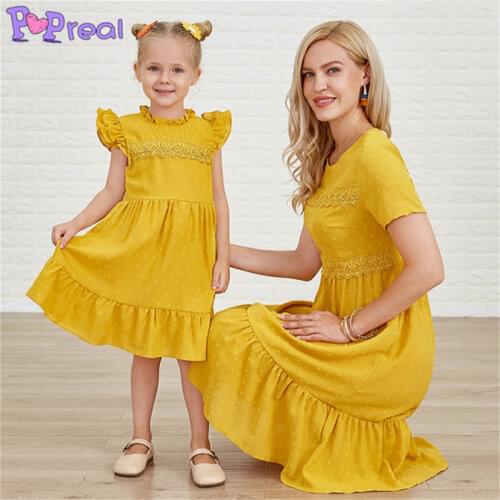 PopReal Summer Solid Lace Flying Sleeves O-Neck Mom And Daughter Skirt Girl Family Dress Mother Kids Dress Parent-Child Outfit