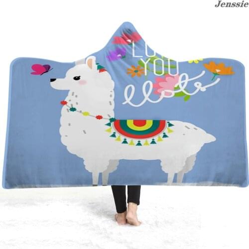Cartoon Alpaca Pattern Wearable Throw Blanket With Hooded for Children Cute Animals Hoodie Blanket Travel Camping Blanket