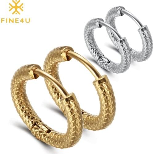 FINE4U E165 Stainless Steel Hypoallergenic Hoop Earrings Snakeskin Stripes Earrings Fashion Circle Earring For Men Women