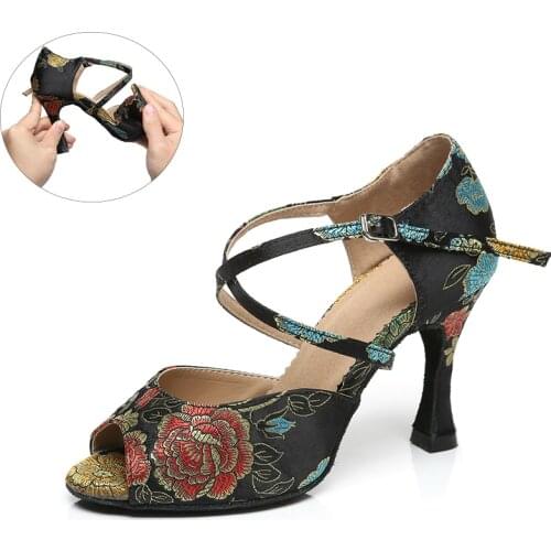 Girls Silk Latin Ballroom Dance Shoes for Women Black Blue Waltz Salsa Shoes for Dancing Kids Soft Botoom Latino Shoes for Woman