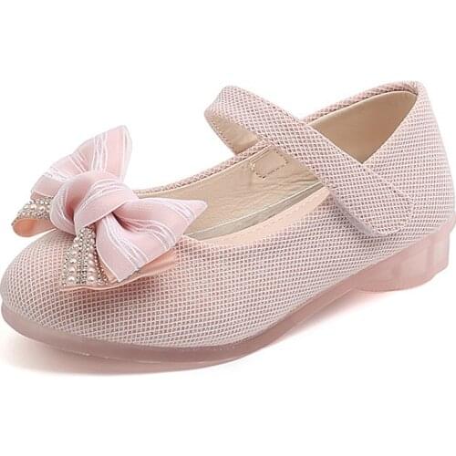 Children High Heels Princess Shoes Dance Shoes Autumn New Girl Fashion Bright Diamond Bow Sweet Hot Causal Flats for Wedding