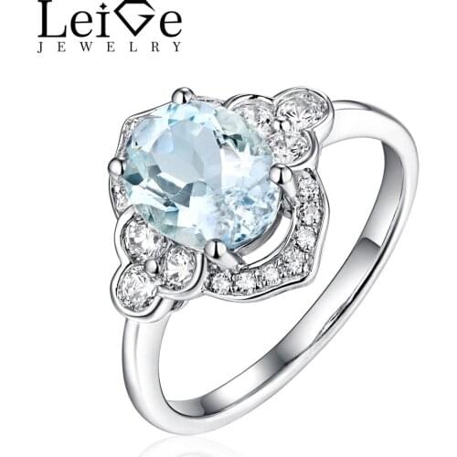 Leige Jewelry Oval Cut Aquamarine Ring Sterling Silver Wedding Engagement Rings March Birthstone Christmas Gift for Women