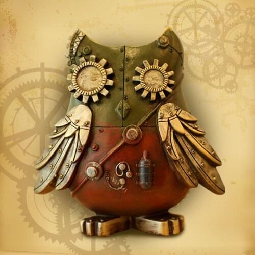 Unique vintage mechanical owl resin sculpture Industrial style bird resin decoration with savings function