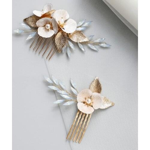 Vintage White Floral Bridal Hair Combs Pins Crystal Pearls Wedding Jewerly Handmade Women Headpiece Accessories