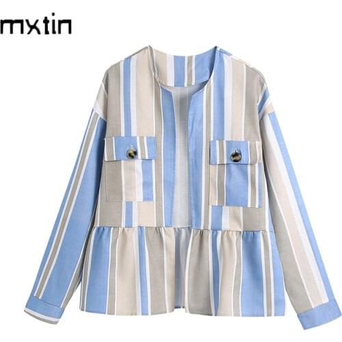 MXTIN 2021 Women Spring Vintage Striped Cardigan Jacket Coat Fashion O-Neck Long Sleeve Pockets Outerwear Casual Chic Top Mujer