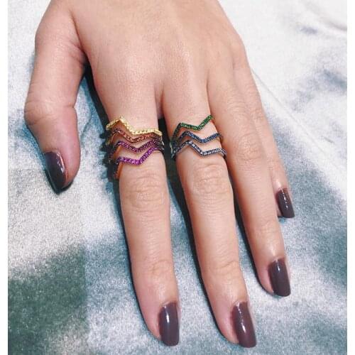 Hot rainbow stackable wave rings womens V shape finger jewelry with colorful zircons wedding engagement eternity ring droship