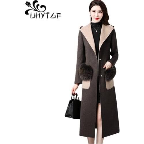 UHYTGFGenuine Autumn Winter Wool Coat Women Quality Woolen Long Jacket Fashion Hooded Casual Female Outerwear Plus Size Top 1305