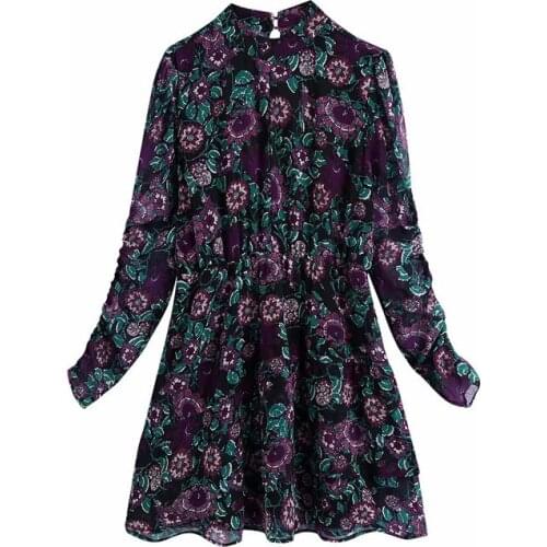 Evfer Chic Lady Fashion Flower Print Za Autumn Purple Chiffon Short Dress Women Elegant High Waist Long Sleeve Cascade Dresses