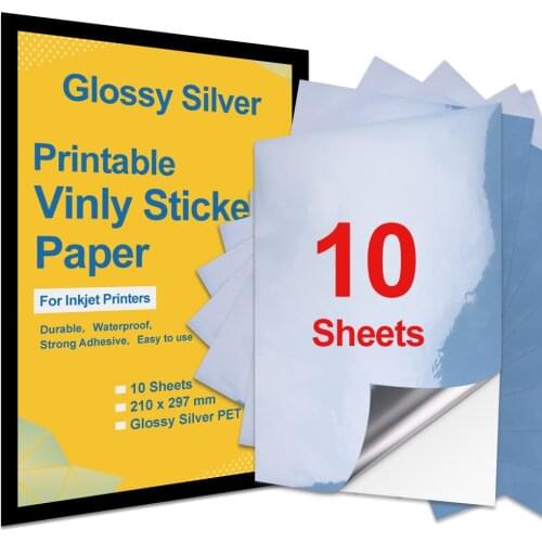 10 Sheets A4 Printable Vinyl Sticker Paper Glossy Silver Waterproof Adhesive Labels A4 Label Paper PET Sticker for Inkjet Print