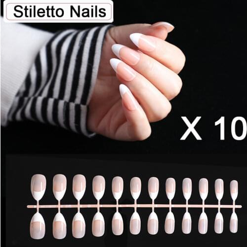 10 Kits/lot Stiletto Nail Tips Short Classical French Tips Coffin Fake Nails Art Full Cover Acrylic False Nails Press On Nails