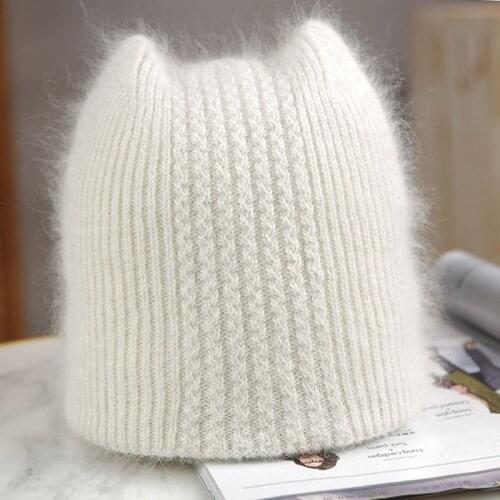 2020 fashion Girl Angora Rabbit fur ear Beanie Hat for Women Winter Skullies Warm wool Panama fashion Gorros Female Bomber Cap
