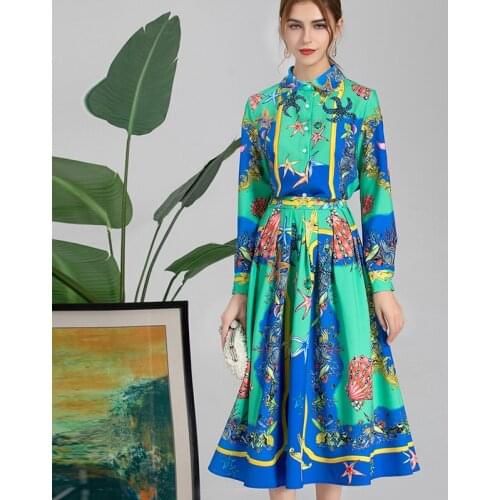 Fashion Designer 2021 Autumn Skirt Set Women Runway New Shirt+Pleated Skirt Green Blue Starfish Printed Two Pieces Set