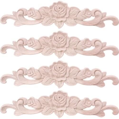 4pcs Exquisite Wood Carved Onlay Appliques for Furniture Cabinet Unpainted Decal 85DA