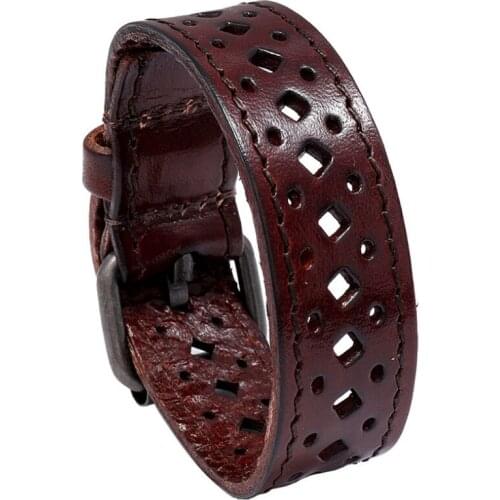 Vintage Retro Genuine Leather Cuff Bracelet Casual Hollow Charms Belt Wristbands Bangle Wrap for Women Men Punk Fashion Jewelry