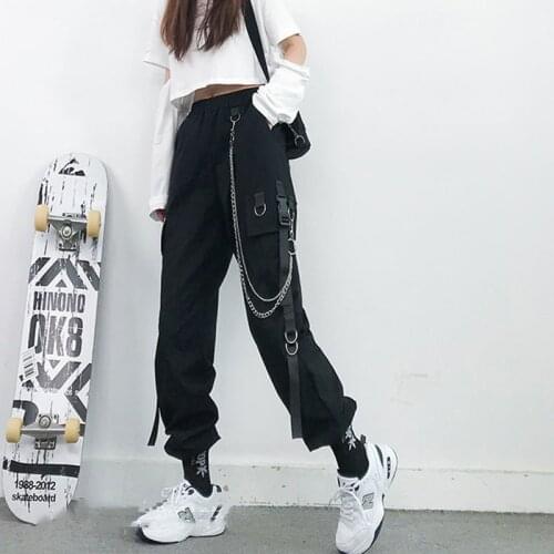 Girl Cargo Pants Women Punk Pockets Jogger Trousers with Chain 2021 New Harajuku Elastics Waist Streetwear Harem Pants Women