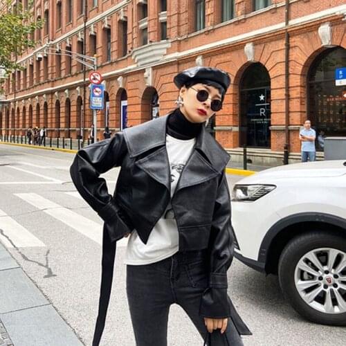 Short High waist Lace-up Cardigan Faux PU Leather Outerwear Loose Women Spring Autumn 2021 Lapel Long sleeve Biker Jacket Female