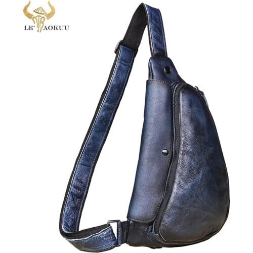 Men Quality Real Leather Casual Fashion Blue Travel Triangle Chest Sling Bag Design One Shoulder Crossbody Bag For Male 9976
