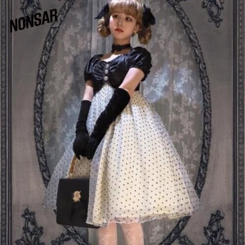NONSAR Lolita Short-Sleeved Dress French Retro Polka Dot Plant Velvet Water Jade Elegant Dress For Women