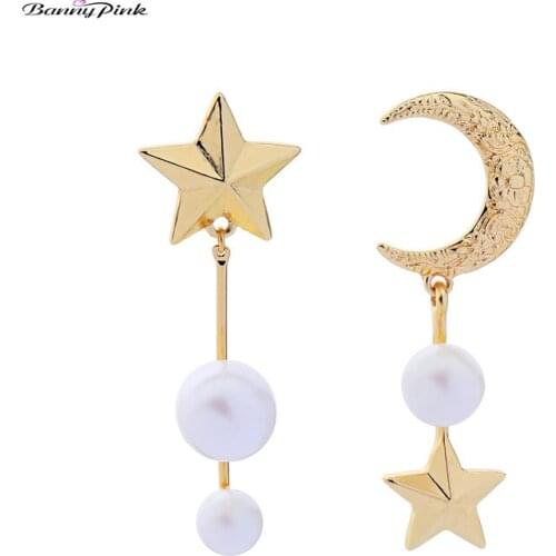 Banny Pink Chic White Pearl Statement Stud Earrings For Women Party Copper Moon Crescent Star Post Earrings Asymmetric Earrings