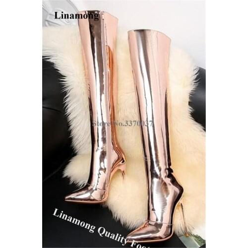 Linamong Luxurious Pointed Toe Stiletto Heel Over Knee Boots Gold Silver Zipper-up Mirror Patent Leather Long High Heel Boots