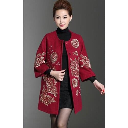 Middle-aged Woolen Coat Womens Autumn Winter New National Embroidery Thick Jacket Slim Temperament Large Size Wool Coat S-7XL