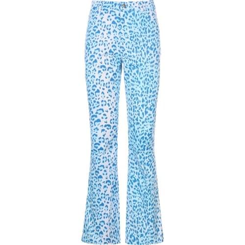 Women Wide-leg Pants Y2K Aesthetics Leopard Pattern High Waist Long Pants Harajuku Blue Slim Animal Printing Straight Trousers