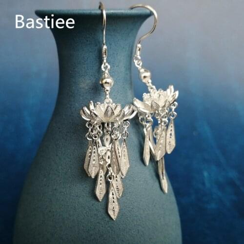 Bastiee Lotus Flower 999 Sterling Silver Dangle Earrings For Women Drop Tassels Earings Luxury Jewelry Miao Handmade Gifts Girls