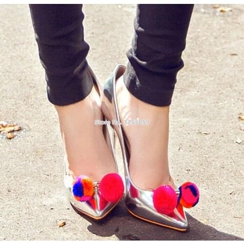 ALMUDENA Women Gorgeous Colorized Pom Pom Pumps Gold Silver Pointed Toe Shallow Wedding Shoes Stiletto Heels Fur Ball Shoes