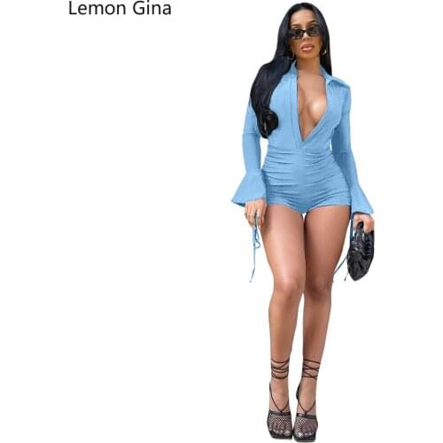 Lemon Gina Summer 2021 Womens Plain Color Personality Hollow-out Bandage Pleated Lotus Leaf Sleeve Jumpsuit