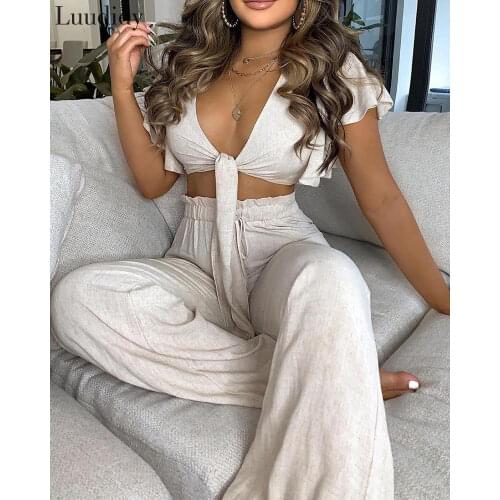 Women Solid Ruffles Sleeve Knotted Top & High Waist Pants Set 2 Piece Set