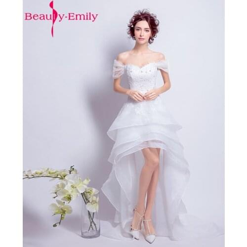Beauty Emily Luxury Tiered White Asymmetrical Wedding Dresses 2020 Scoop Wedding Party Bride Ceremony Dresses High Quality