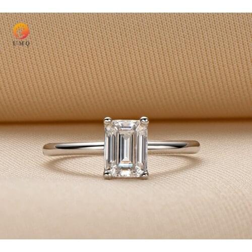UMQ 925 Silver 18K White Gold Plated Emerald Cut 1 ct Pass Diamond Test D Color Moissanite Ring Women Classic Party Jewelry