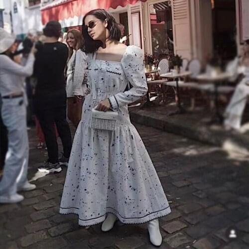 Womens dress 2021 new French temperament celebrity ink dot printing one-way collar long-sleeved dress summer