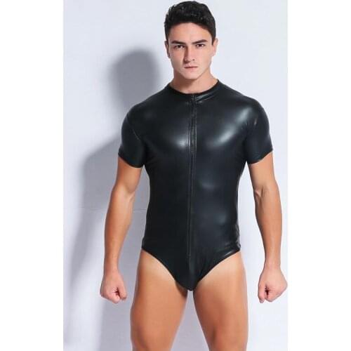 Plus Size S-XXXXL Sexy Mens Leather Bodysuit PU Latex Catsuit Men Sexy Lingerie Patent Leather One-piece Leotard Gay Wear