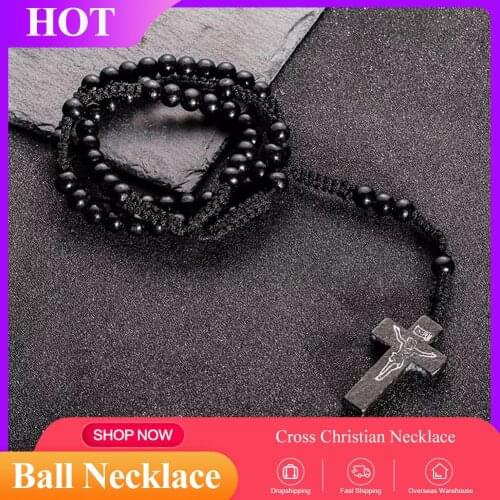 1 Pcs Cross Christian Round Bead Necklace Wooden 8mm Rosary Bead Cross Pendant Braided Rope Special For Christians